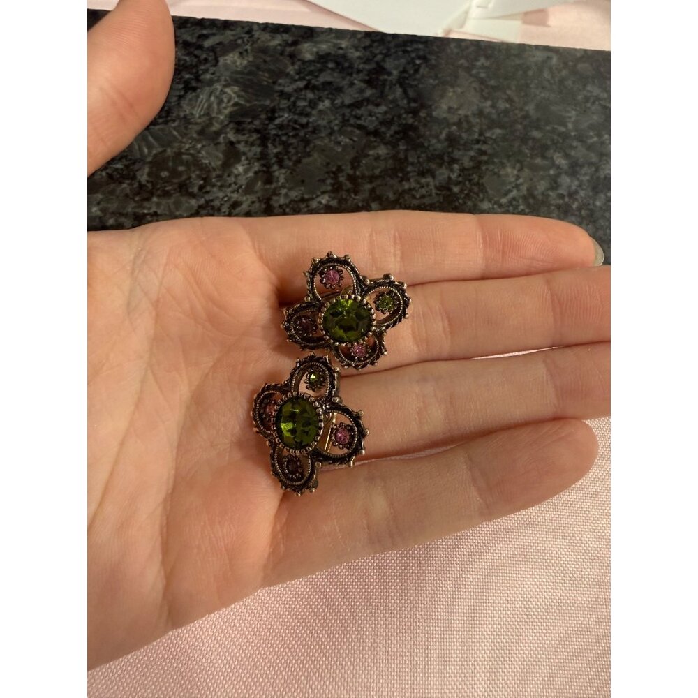 Vintage Sarah Coventry Green & Pink Rhinestone Flower Clip-On Earrings Gold Tone - Picture 9 of 9